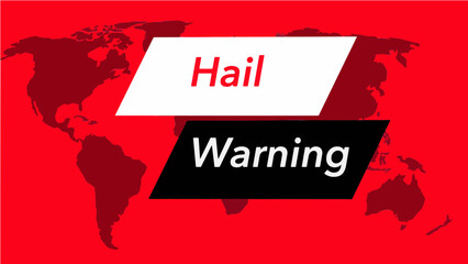 Hail warning. A television weather banner, known as an “over the shoulder”  is seen with a map of the world showing the United States. Colors are red, black and this is a vector graphic .
