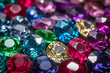 Fototapeta premium colorful gemstones, including sapphire, ruby, emerald, and amethyst, reflecting vibrant light. Their faceted brilliance enhances luxury and elegance. Ideal for jewelry, fashion, and design.