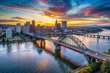 Fototapeta premium Aerial View of Willamette River Bridge at Sunset, Portland Oregon