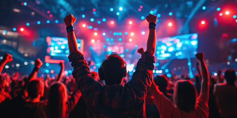 Excited e-sports fans are cheering with raised fists as they watch a thrilling match unfold on a massive screen in a vibrant arena filled with energy and anticipation