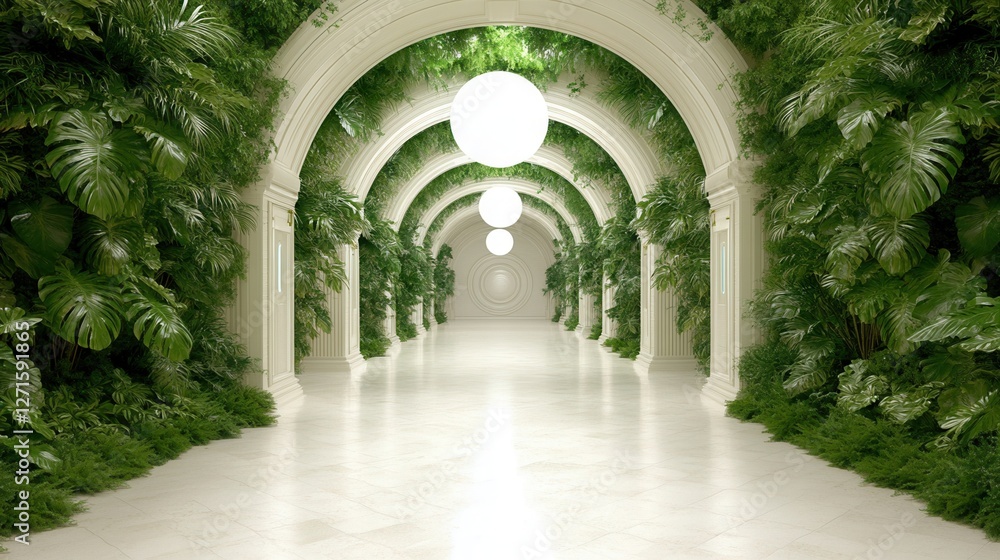 Poster a serene hallway lined with lush greenery and illuminated by spherical lights, creating a tranquil a