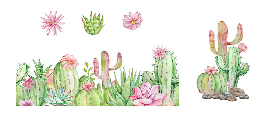 Watercolor cactus and succulent frame set, tropical plants © SvetaArt