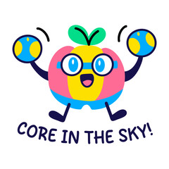 A cartoon style sticker of apple character with core in the sky typography