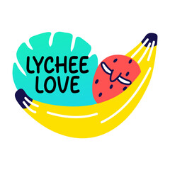 Lychee love typography sticker in flat style