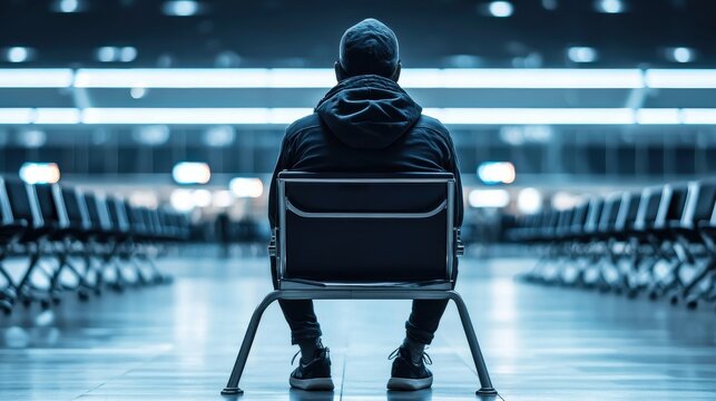 Solitary traveler contemplates at empty airport moody composition indoor setting wide angle perspective - Powered by Adobe