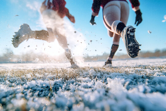 imagine high-end sports photography, American football placement detail, frost-covered grass, steamy breath visible, early morning game prep, cinematic style, crisp focus, winter game atmosphere - Powered by Adobe