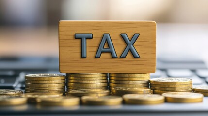 Wooden block with 'TAX' on stacked gold coins, symbolizing income tax payment and financial management