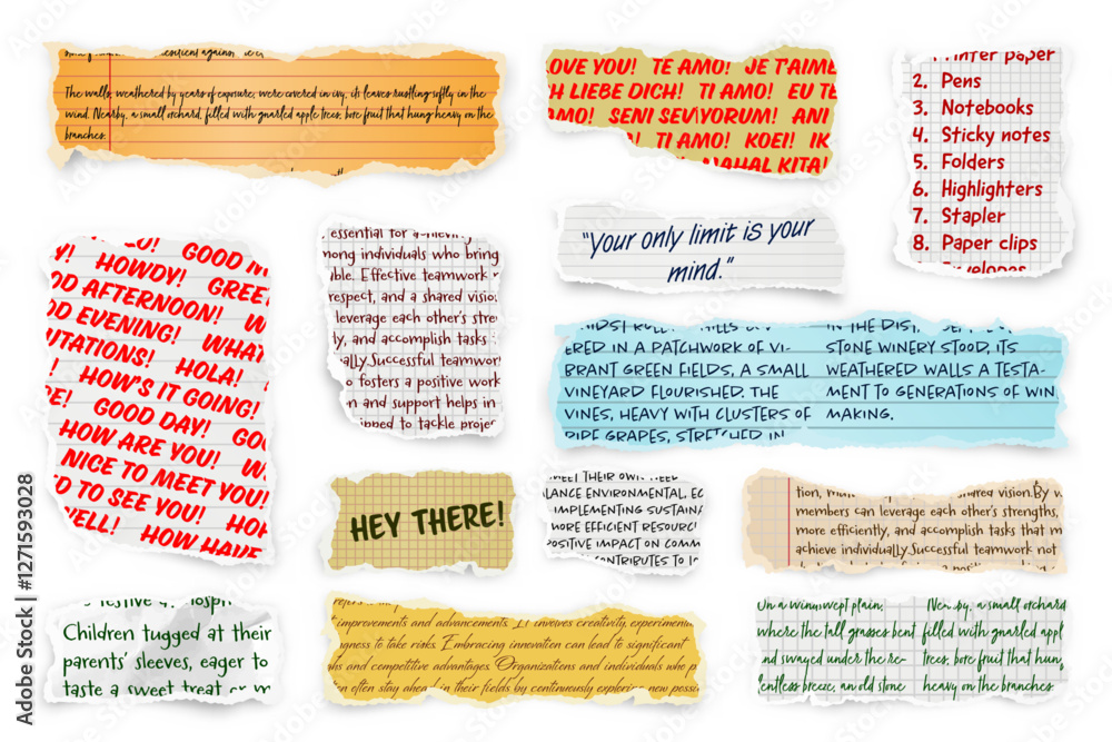 Canvas Prints ripped paper strips with handwritten text. realistic crumpled paper scraps with torn edges. shreds o