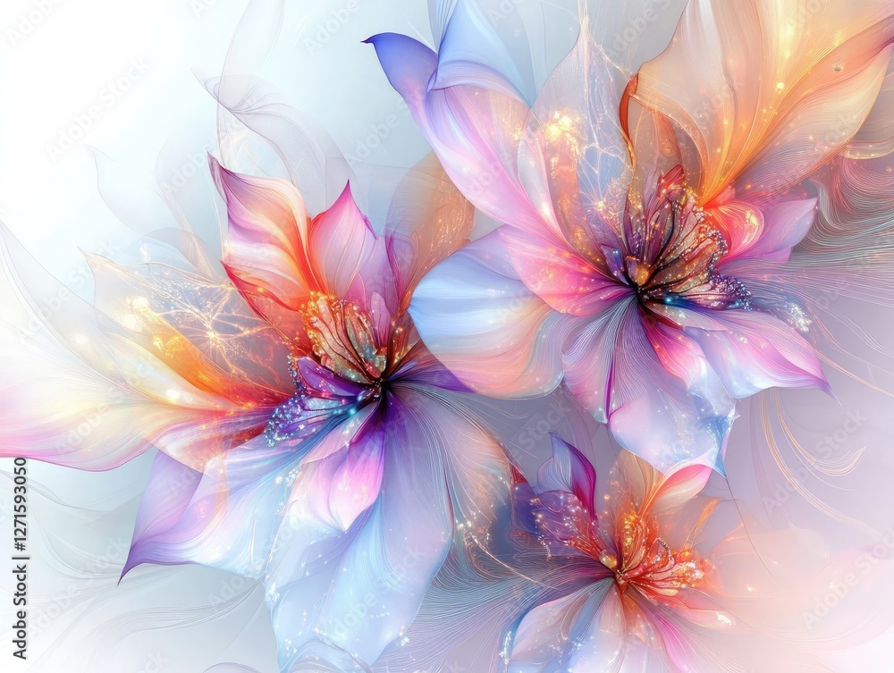 Poster exquisite cosmic bloom with luminous floral patterns and ethereal colors set against a pristine whit