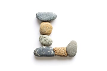 Pebble Letter L: Creative Alphabet, Nature Typography, Stone Letter, White Background, Eco-Friendly Font, Natural Design Element, Summer Vibes, Rustic Charm, Relaxing Atmosphere, Zen Garden,          