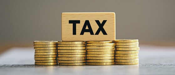 Wooden block with 'TAX' on stacked gold coins, symbolizing income tax payment and financial management