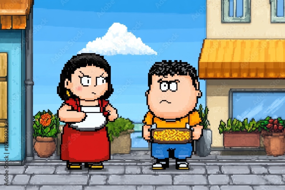 Poster A pixelated 8-bit pasta shop, where tiny pixel chefs prepare spaghetti and lasagna in a classic video game setting