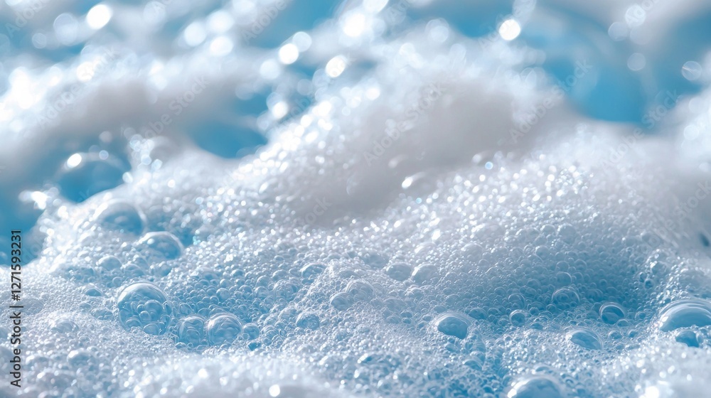 Poster soft bubbles of white soap foam swirl and froth against a serene blue backdrop, evoking a sense of c