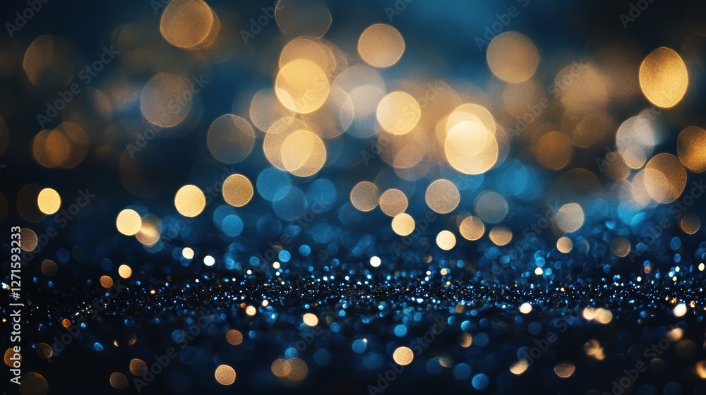 Poster Colorful bokeh lights background with glittering golden and blue particles for festive and holiday-themed design projects and concepts.