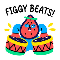 A cartoon style sticker of figgy fruit beating drum