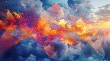 Abstract Geometric Sunset Sky Art. Colorful Clouds and Shapes in a Stunning Composition.