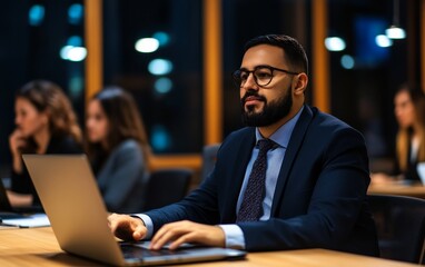 Professional man working on laptop in modern office during evening meeting with colleagues