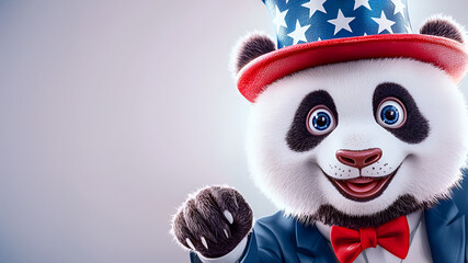 Patriotic bear mascot in star-spangled American style hat with bowtie waving positively, National Panda Day