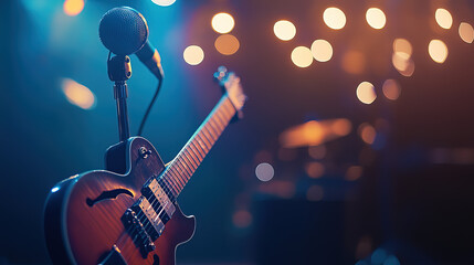 Obraz premium A microphone and guitar await on stage, capturing the essence of anticipation and artistic expression. 