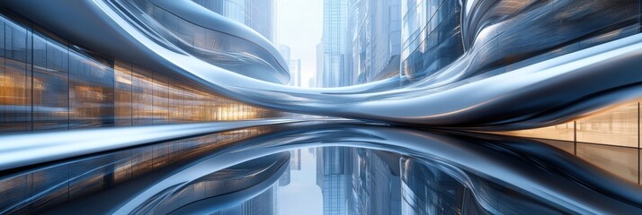 Futuristic urban architecture with sleek metallic structures and reflections