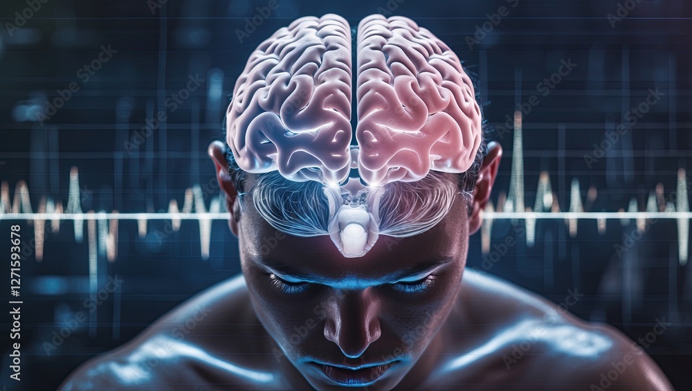 Poster close-up of a person's head with a translucent brain overlay and digital waveforms in background, il