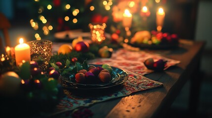 festive table with glowing candlelight, intricate holiday decorations, vibrant colors, cozy atmosphere, warm tones, serene background, cheerful Christmas charm