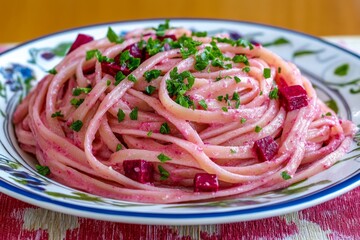 A plate of vibrant beetroot pasta, giving a unique twist to traditional noodles