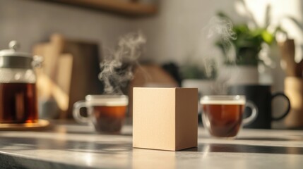 Cardboard box for tea bags with no branding, placed on a kitchen counter with blurred steaming cups nearby.