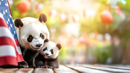Panda mother and baby playfully resting together with usa flag in background