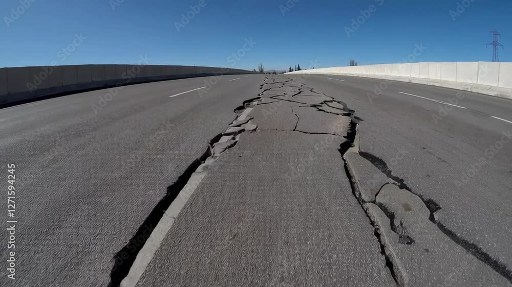 Aufkleber slow motion video showing a damaged highway with large cracks in the asphalt after a powerful earthq