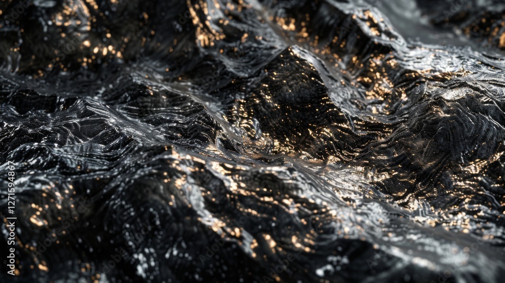Poster Dark waves ripple across the surface, catching shimmering light from various angles. The intricate textures create a mesmerizing visual effect that captivates the viewer's attention.