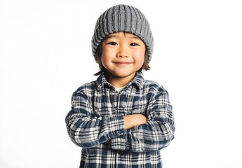 Happy young caucasian boy in casual outfit with arms crossed and wearing jeans, a shirt, and a white T-shirt,looking at the camera, isolated over white background with copy space.