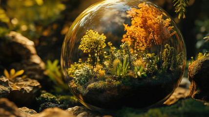 Crystal globe revealing Earth's forests bathed in sunlight, promoting green planet conservation