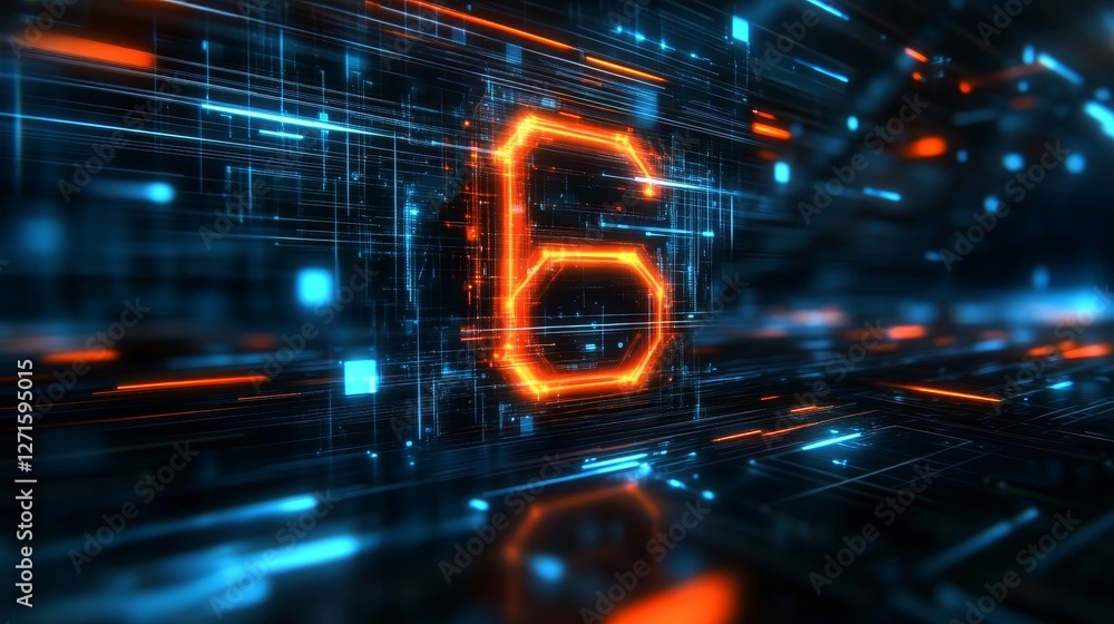 Poster glowing digital 3d number 6 in futuristic cyberspace style on an abstract technology background