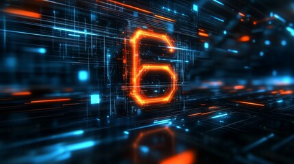 Glowing Digital 3D Number 6 in Futuristic Cyberspace Style on an Abstract Technology Background
