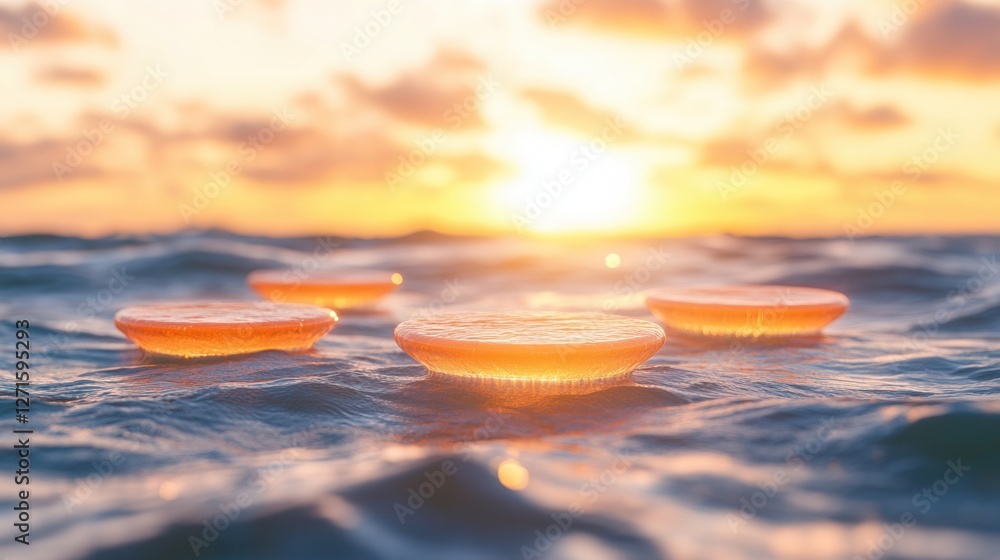 Poster the image features glowing discs floating on the water's surface during a vibrant sunset, creating a