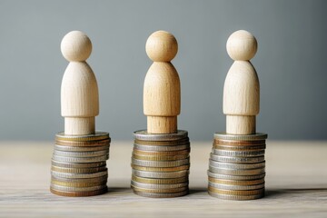 Wooden figures on stacked coins symbolizing socioeconomic inequality and wealth disparity