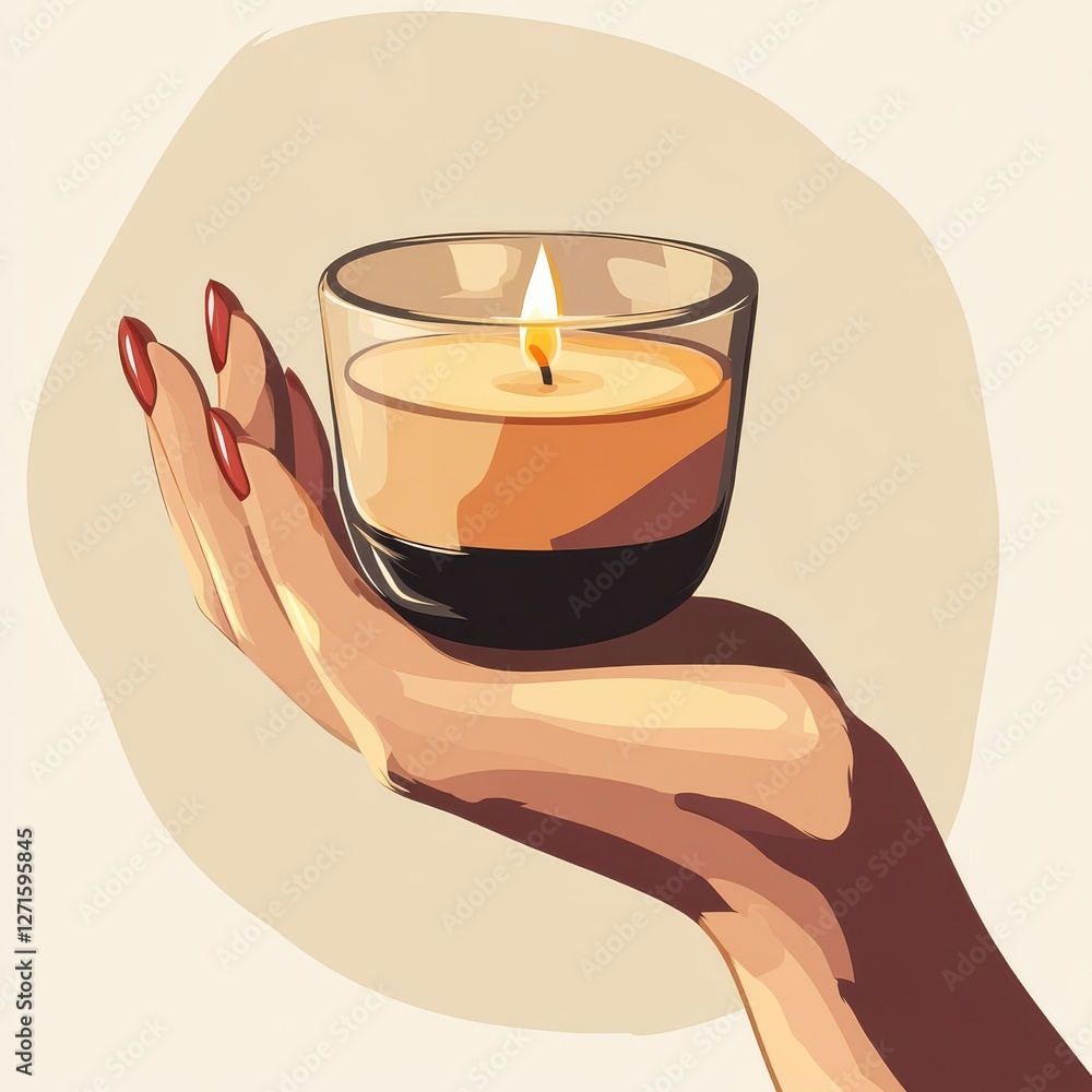 Poster Candle held gently in a hand with artistic style showcasing warmth and tranquility in soft colors