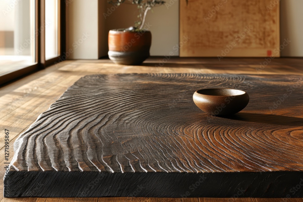 Aufkleber Unique wooden surface with intricate patterns and a simple bowl in a serene indoor setting