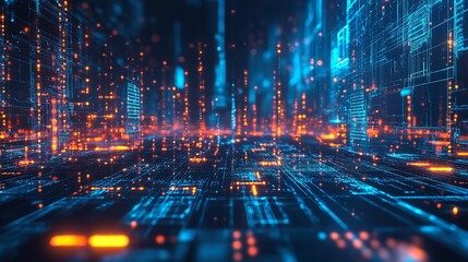 Obraz premium Cybernetic Cityscape: An Abstract, High-Tech Cityscape Composed of Glowing Lines, Data Streams, and Geometric Shapes, Representing the Interconnectedness, Complexity, and Digital Nature of Modern Urba