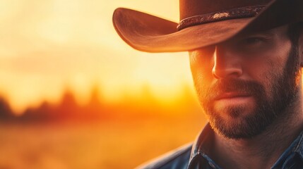 Cowboy portrait during sunset in a vast field, showcasing rugged determination and tranquility