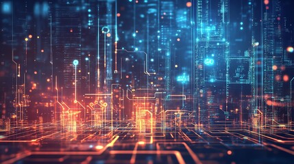 Cybernetic Cityscape: An Abstract, High-Tech Cityscape Composed of Glowing Lines, Data Streams, and Geometric Shapes, Representing the Interconnectedness, Complexity, and Digital Nature of Modern Urba