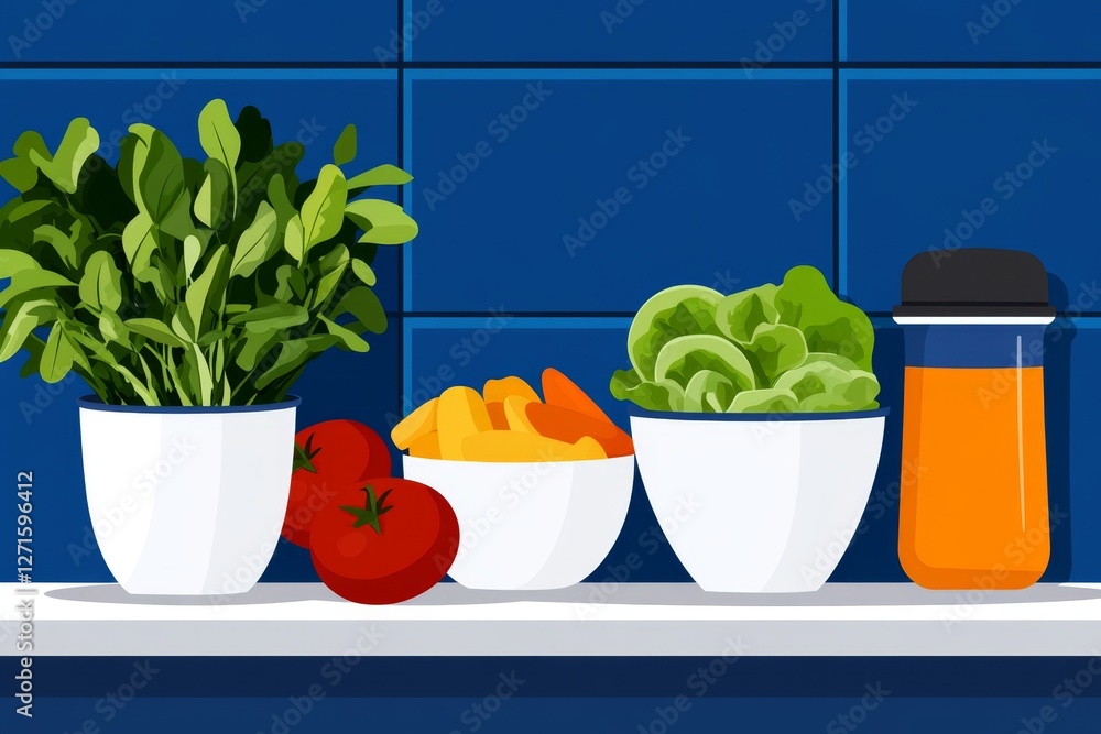 Poster a simple vector illustration of a salad bar counter, with neatly arranged toppings