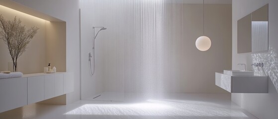 Fototapeta premium Tranquil Minimalist Bathroom Oasis with Rainfall Shower and Elegant Lighting