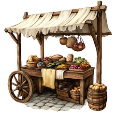 Medieval Rustic Wooden Market Stall with Produce