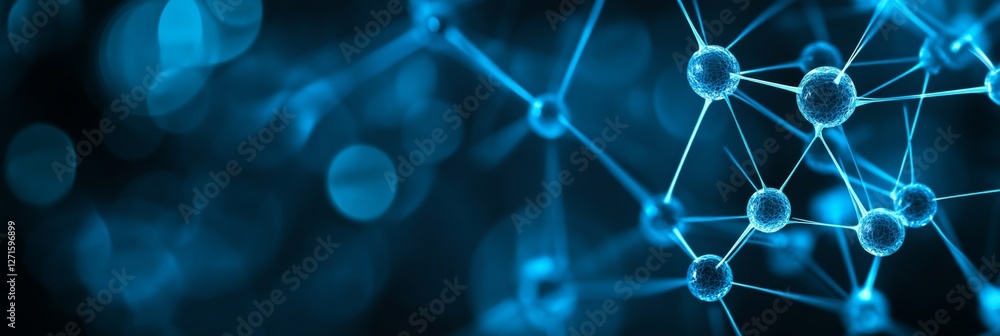 Poster dark blue connectivity vibrant network nodes and intertwined lines on a bokeh background