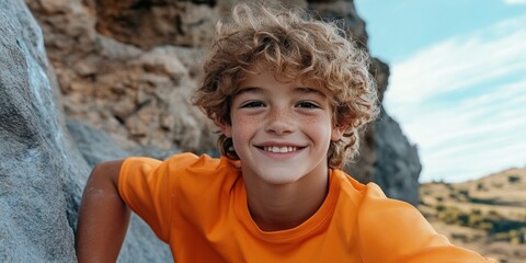 A joyful child engages in bouldering capturing the moment with a cheerful expression as they look directly at the camera. The backdrop features rocky cliffs and a beautiful sky ideal for adventure