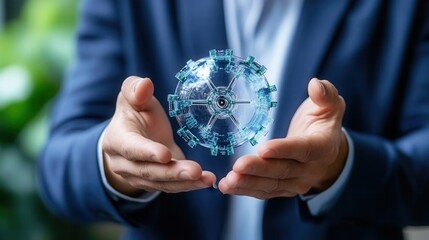 A professional individual holds a transparent globe with digital elements, symbolizing innovation, technology, or global connectivity in a modern setting.