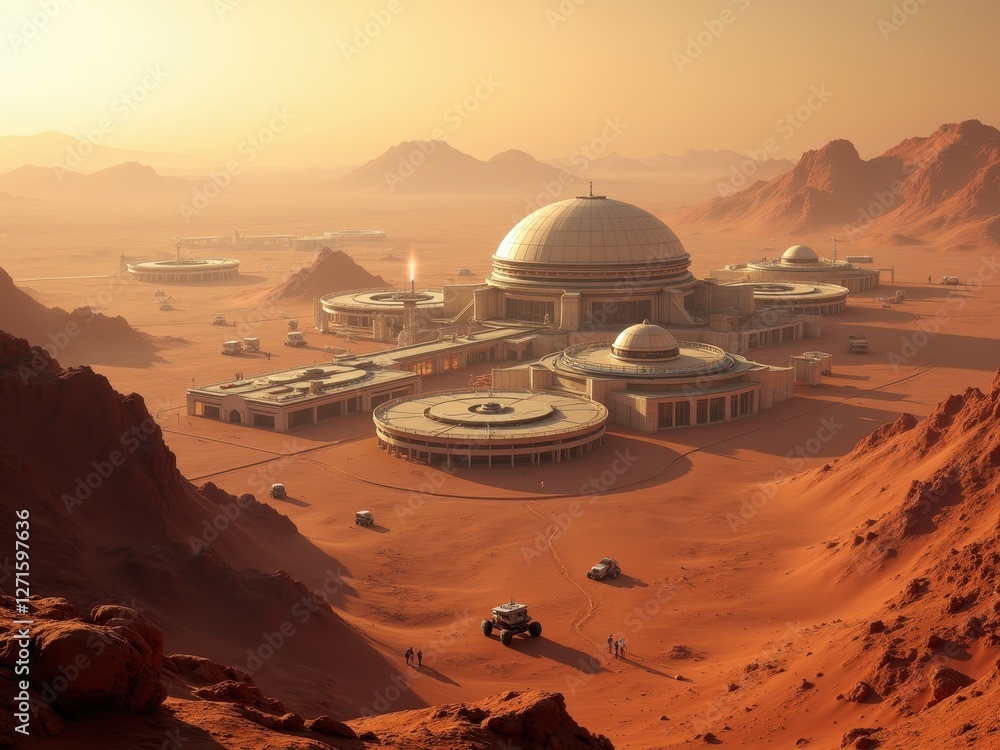 Aufkleber mars base with modern architecture and vehicles set against a reddish martian landscape during a stu