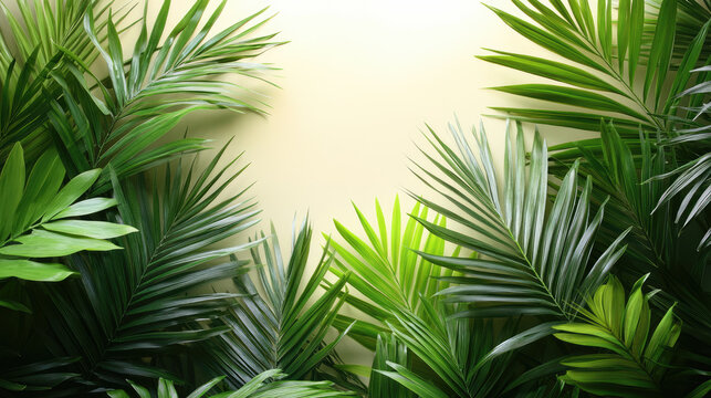 A vibrant Palm Sunday greeting banner template featuring lush tropical leaves and warm sunlight filtering through. Perfect for Christian holiday . Banner. Copy space	
